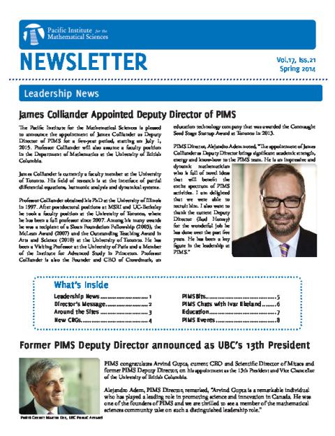 PIMS Newsletter, Spring 2014